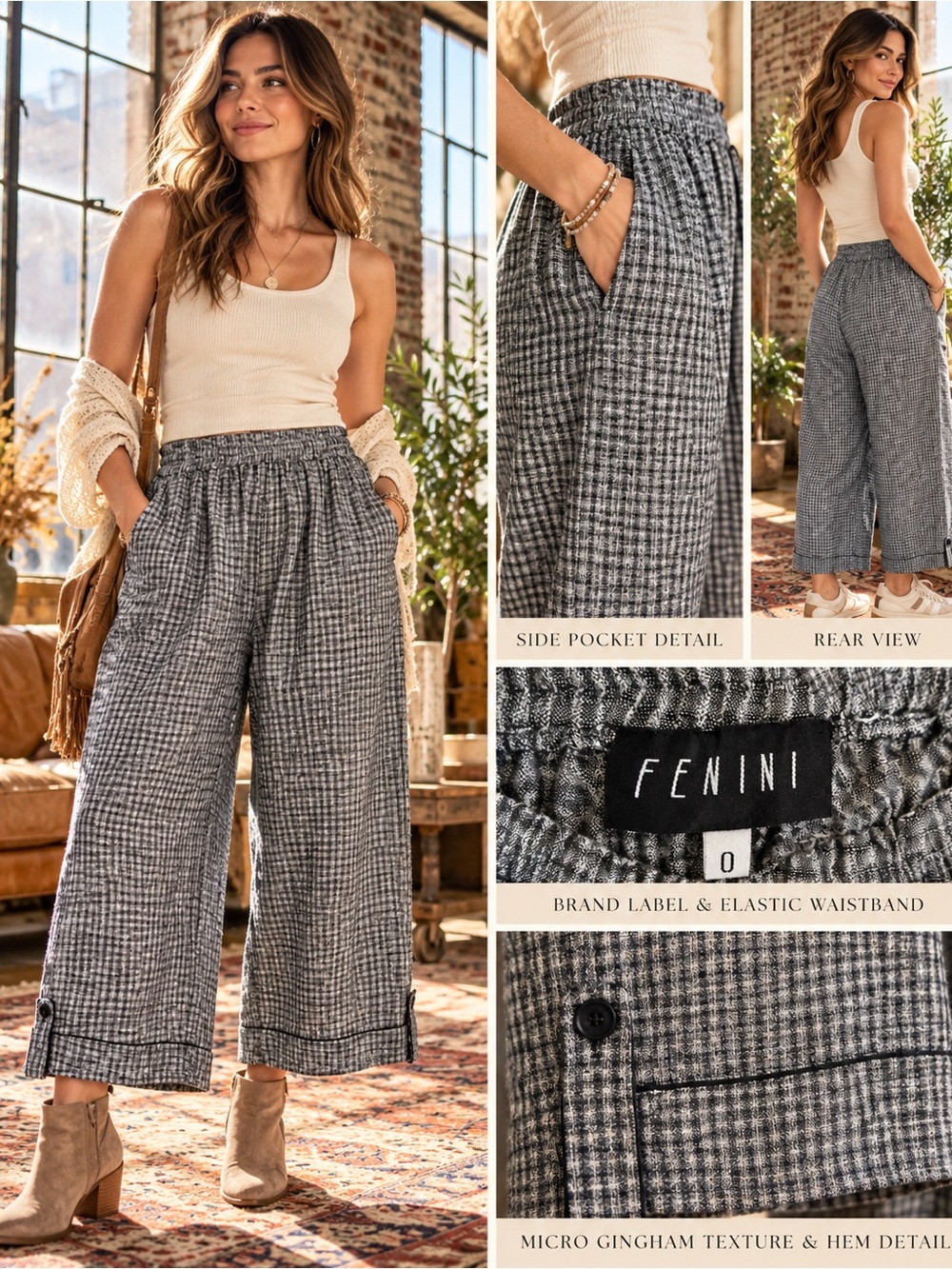 Fenini Micro Gingham Cropped Wide-Leg Pants in Charcoal